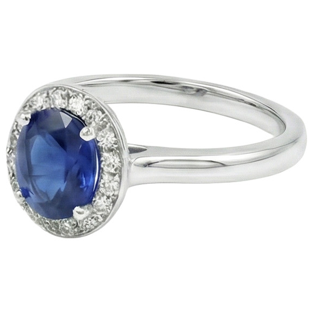 Sri Lanka Sapphire Oval And Round Natural Earth Mined Diamond ( Not Lab Grown )  Ring Gold 14K 2.90 Ct.