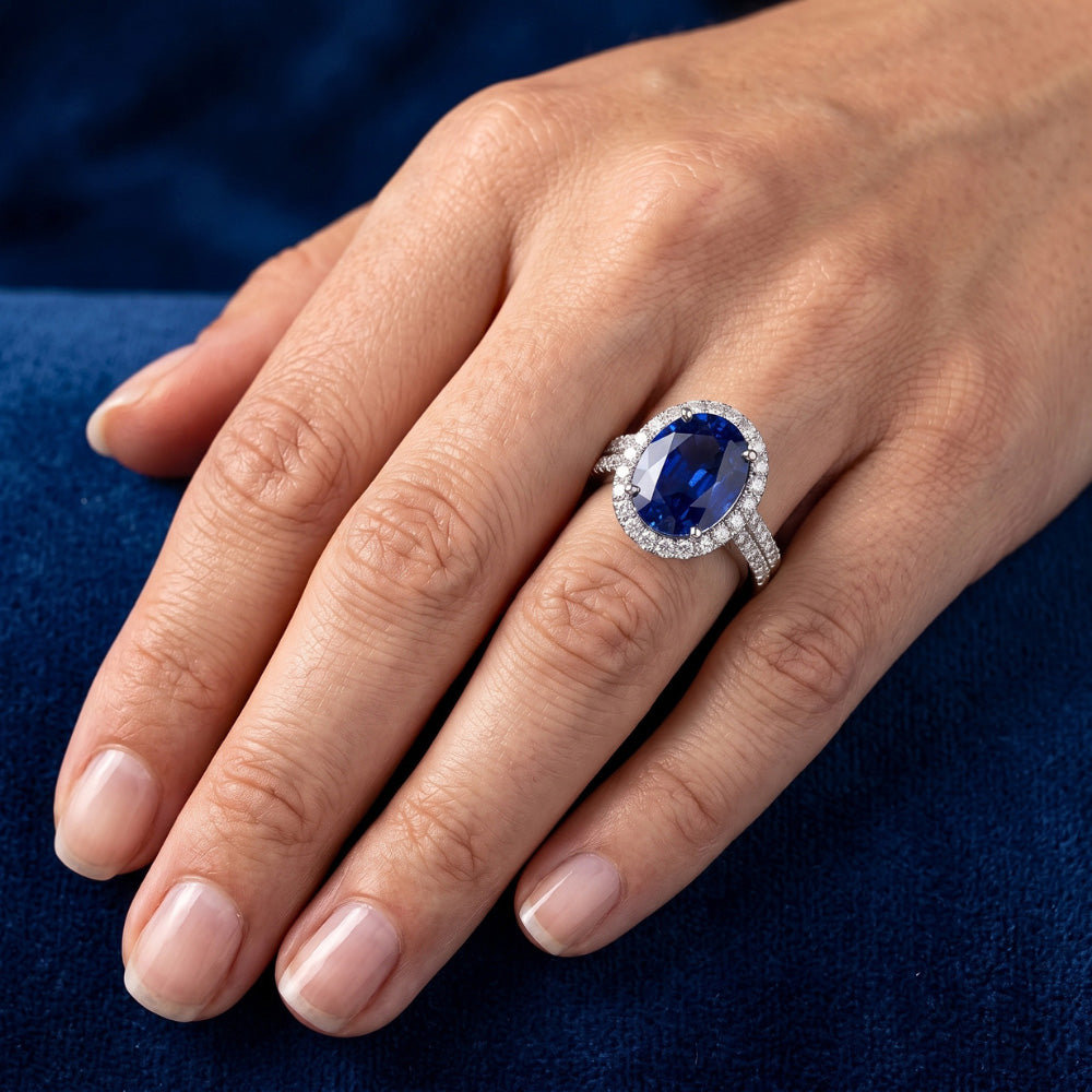 Sri Lanka Sapphire Oval And Round Natural Earth Mined Diamond ( Not Lab Grown ) s 7.01 Ct Ring Diamonds