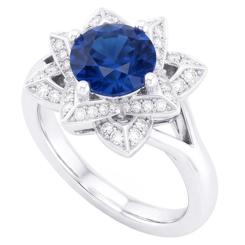 Sri Lanka Sapphire With Natural Earth Mined Diamond ( Not Lab Grown ) s 3 Ct Flower Ring White Gold 14K