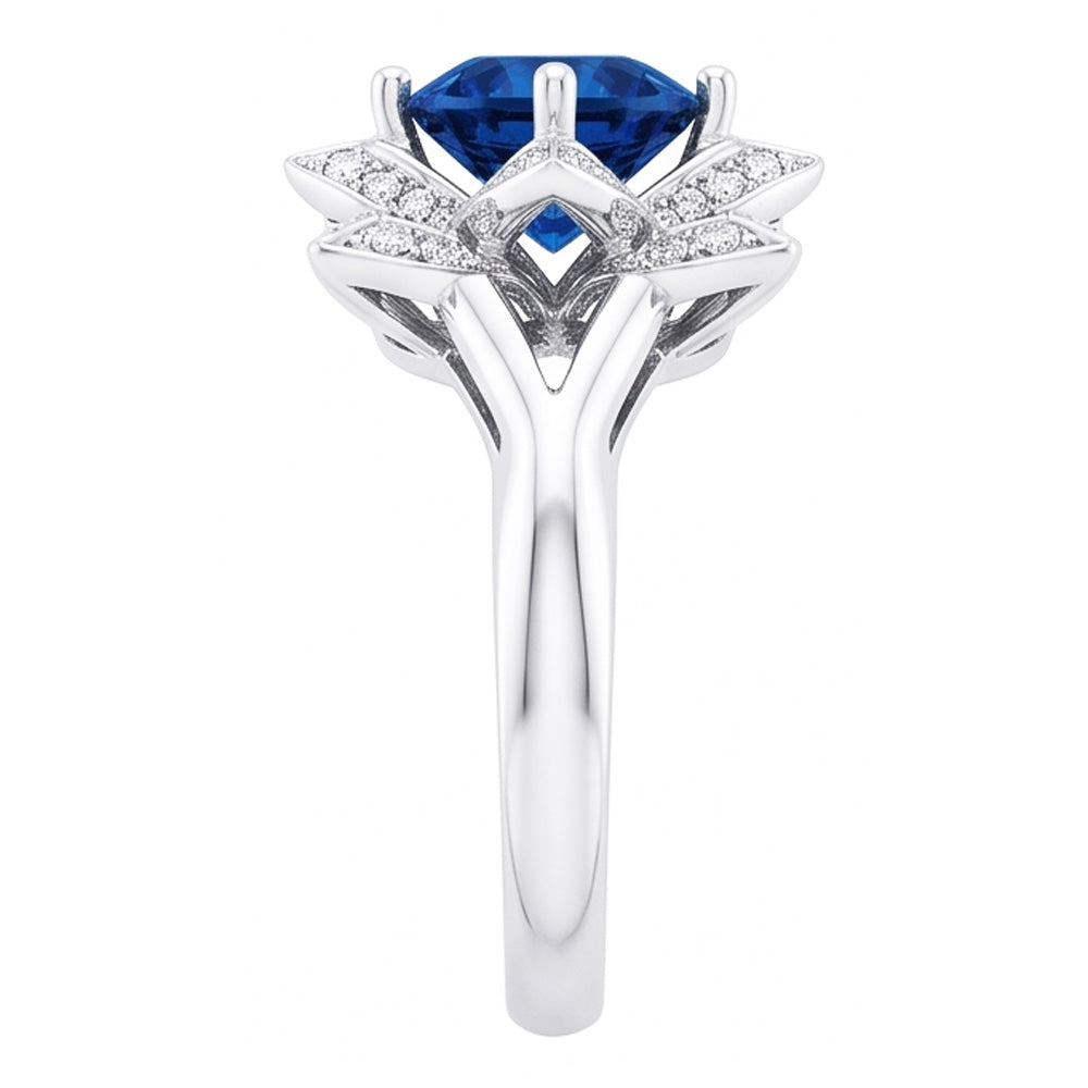 Sri Lanka Sapphire With Natural Earth Mined Diamond ( Not Lab Grown ) s 3 Ct Flower Ring White Gold 14K