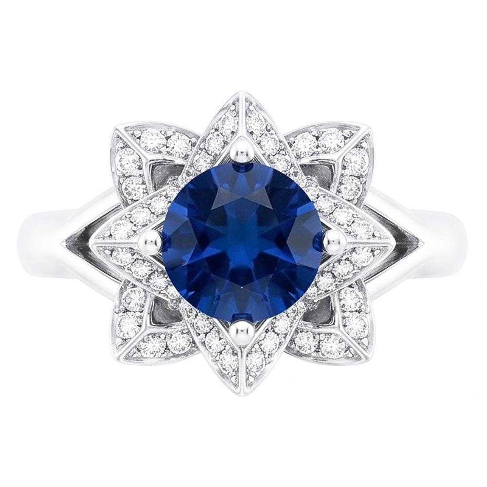 Sri Lanka Sapphire With Natural Earth Mined Diamond ( Not Lab Grown ) s 3 Ct Flower Ring White Gold 14K