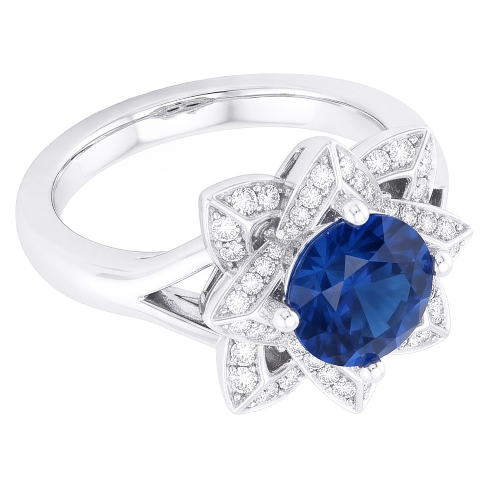 Sri Lanka Sapphire With Natural Earth Mined Diamond ( Not Lab Grown ) s 3 Ct Flower Ring White Gold 14K