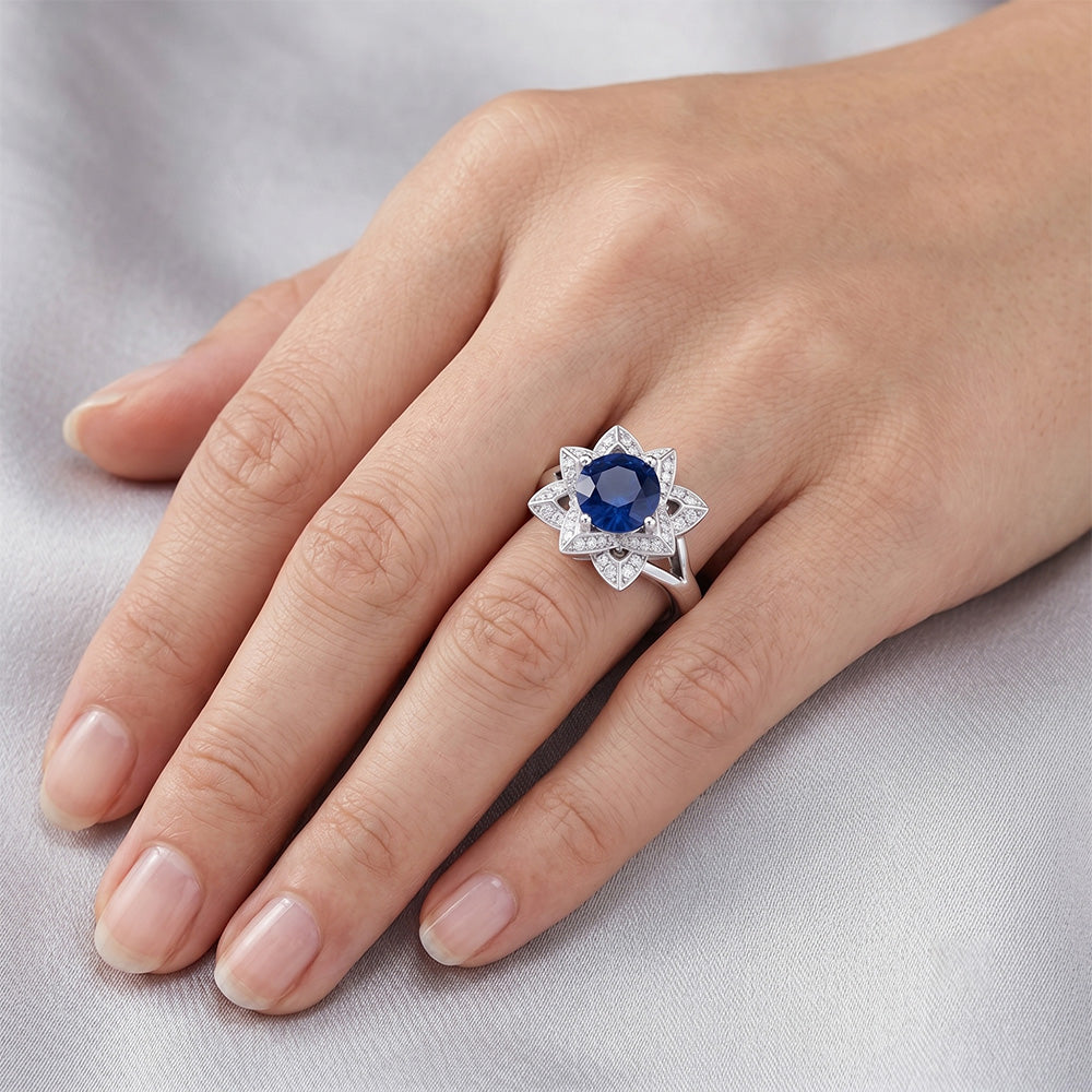 Sri Lanka Sapphire With Natural Earth Mined Diamond ( Not Lab Grown ) s 3 Ct Flower Ring White Gold 14K
