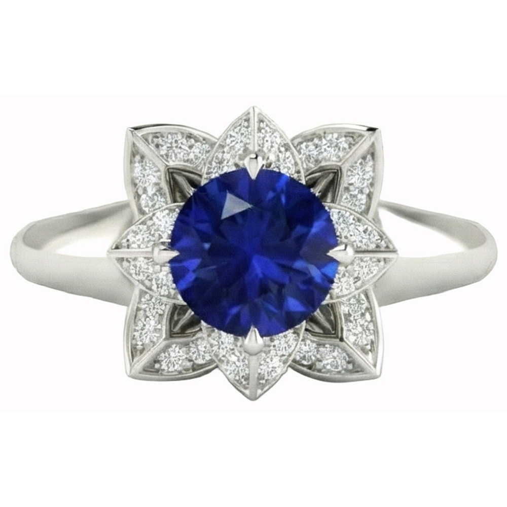 Sri Lanka Sapphire & Natural Earth Mined Diamond ( Not Lab Grown ) Wedding Ring 2.50 Carats White Gold 14K