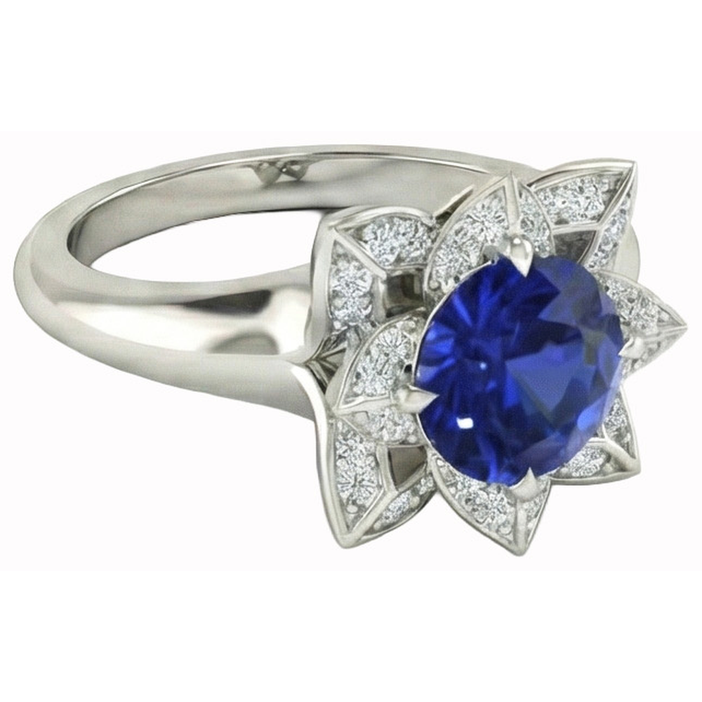 Sri Lanka Sapphire & Natural Earth Mined Diamond ( Not Lab Grown ) Wedding Ring 2.50 Carats White Gold 14K