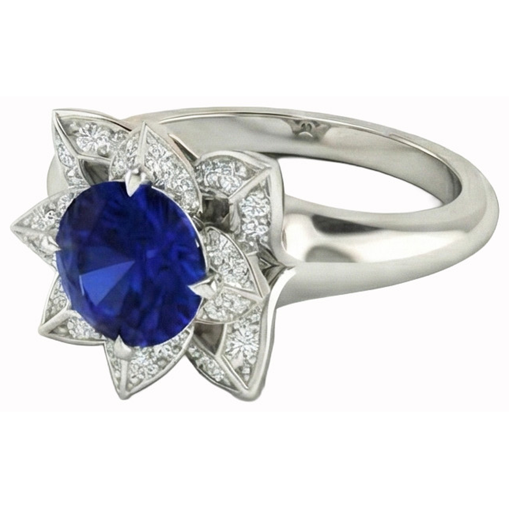 Sri Lanka Sapphire & Natural Earth Mined Diamond ( Not Lab Grown ) Wedding Ring 2.50 Carats White Gold 14K