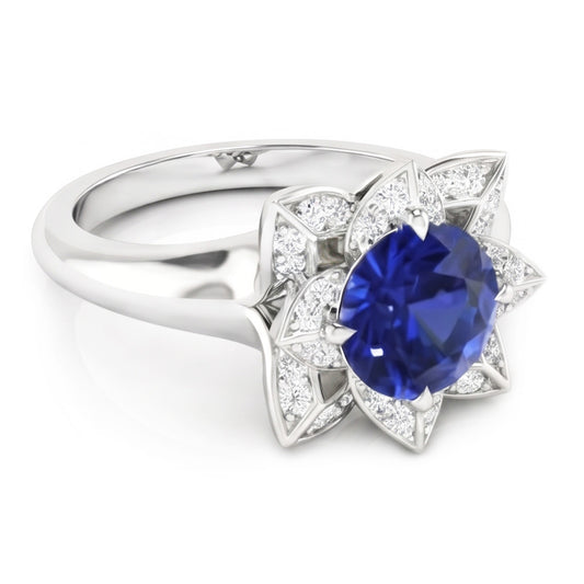 Sri Lanka Sapphire & Natural Earth Mined Diamond ( Not Lab Grown ) Wedding Ring 2.50 Carats White Gold 14K