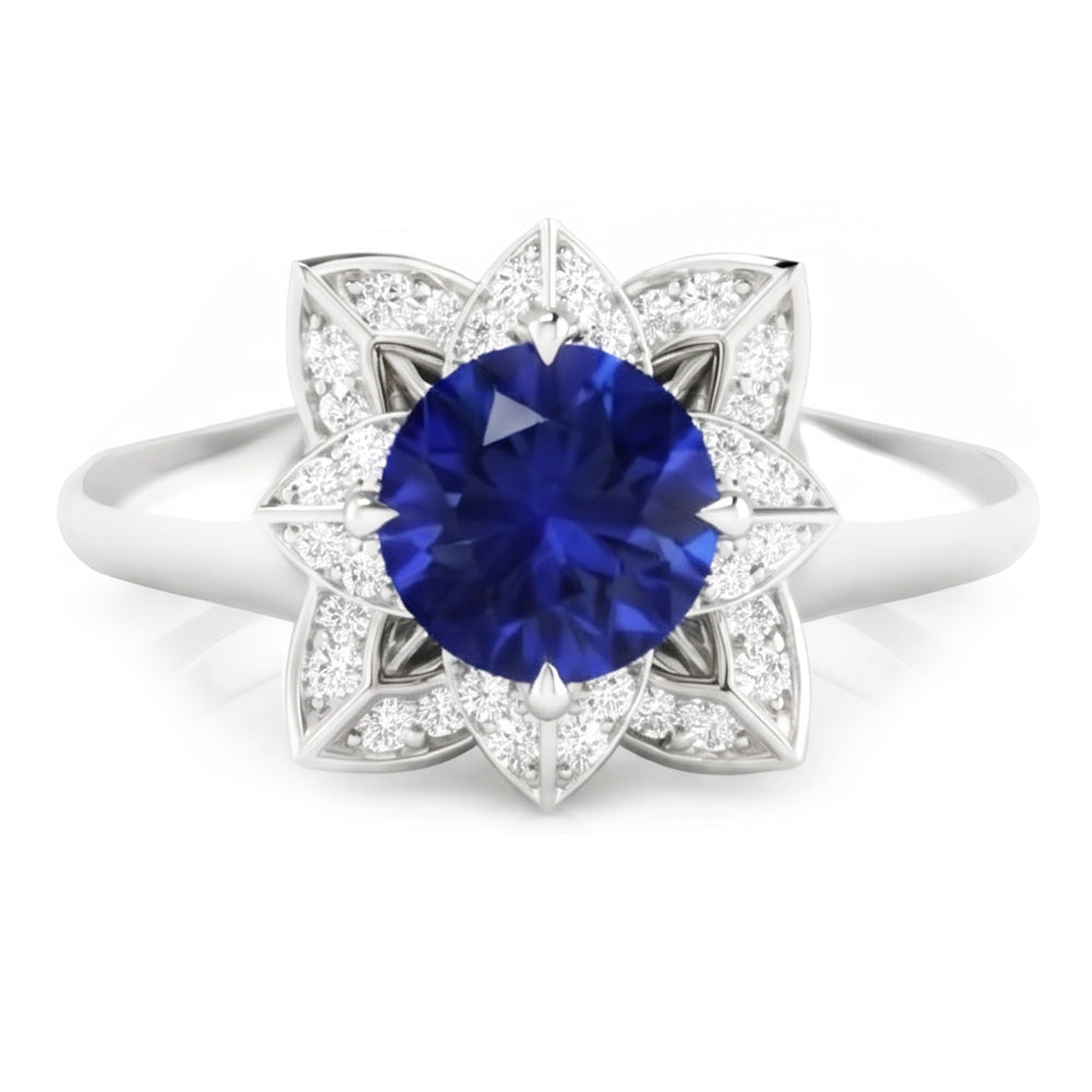 Sri Lanka Sapphire & Natural Earth Mined Diamond ( Not Lab Grown ) Wedding Ring 2.50 Carats White Gold 14K