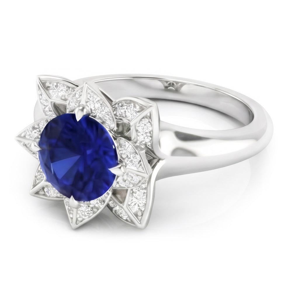 Sri Lanka Sapphire & Natural Earth Mined Diamond ( Not Lab Grown ) Wedding Ring 2.50 Carats White Gold 14K