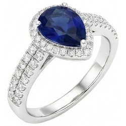 Sri Lankan Blue Sapphire Pear & Round Natural Earth Mined Diamond ( Not Lab Grown )  Ring 2.75 Carat WG 14K