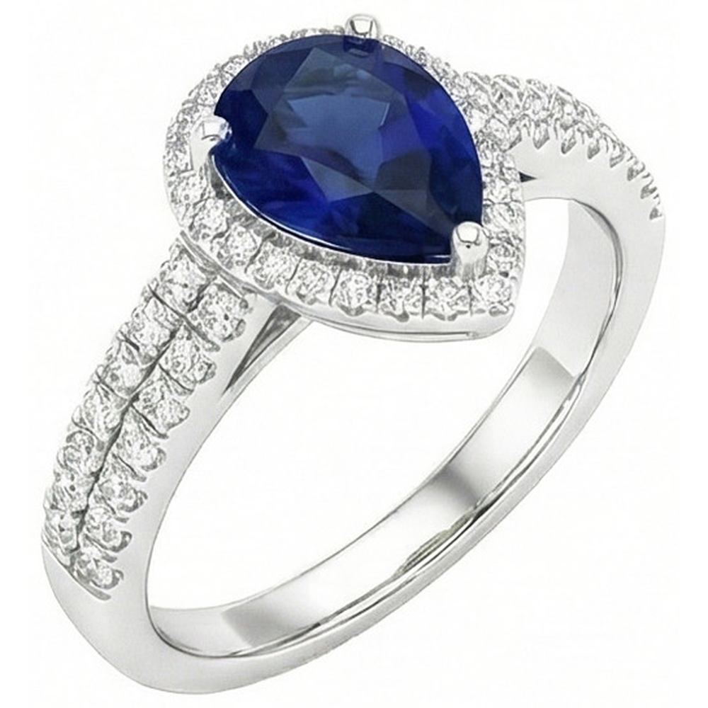 Sri Lankan Blue Sapphire Pear & Round Natural Earth Mined Diamond ( Not Lab Grown )  Ring 2.75 Carat WG 14K