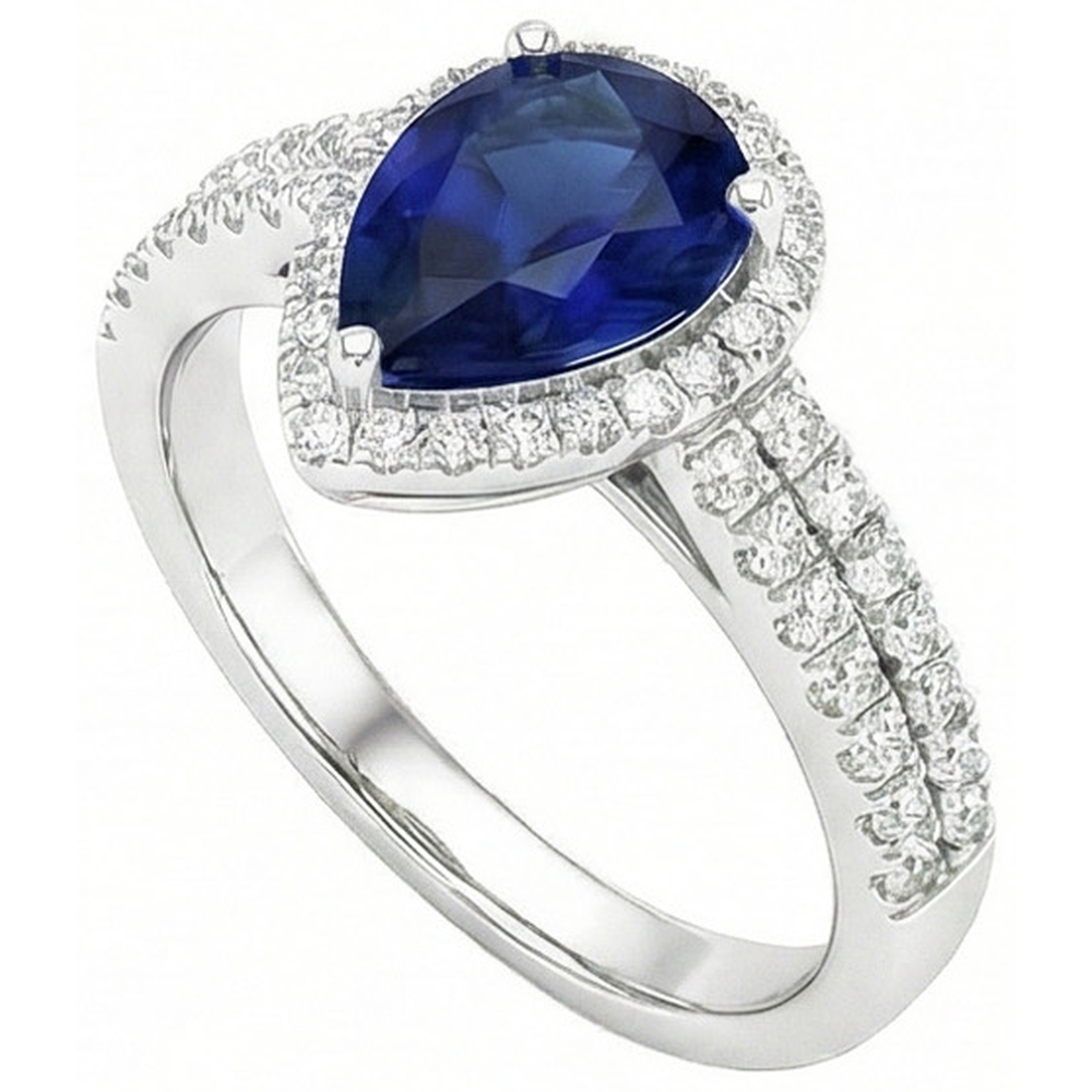 Sri Lankan Blue Sapphire Pear & Round Natural Earth Mined Diamond ( Not Lab Grown )  Ring 2.75 Carat WG 14K