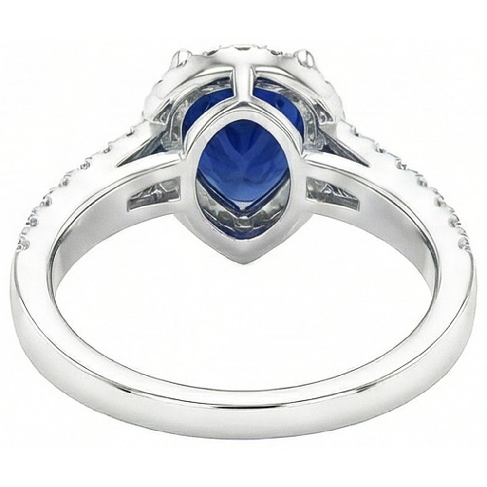 Sri Lankan Blue Sapphire Pear & Round Natural Earth Mined Diamond ( Not Lab Grown )  Ring 2.75 Carat WG 14K
