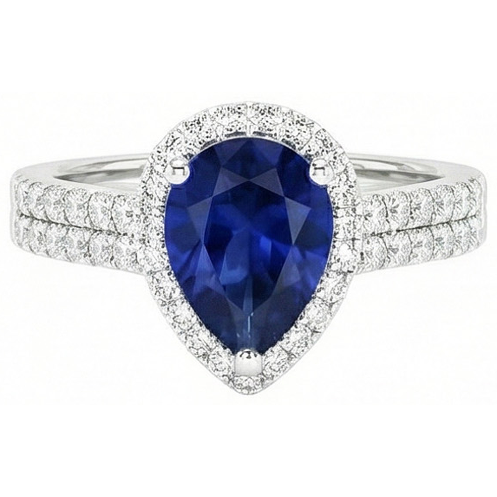 Sri Lankan Blue Sapphire Pear & Round Natural Earth Mined Diamond ( Not Lab Grown )  Ring 2.75 Carat WG 14K