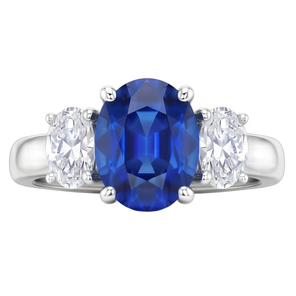 Sri Lankan Blue Sapphire & Natural Earth Mined Diamond ( Not Lab Grown )  Ring 3 Stone 2.60 Carat WG 14K