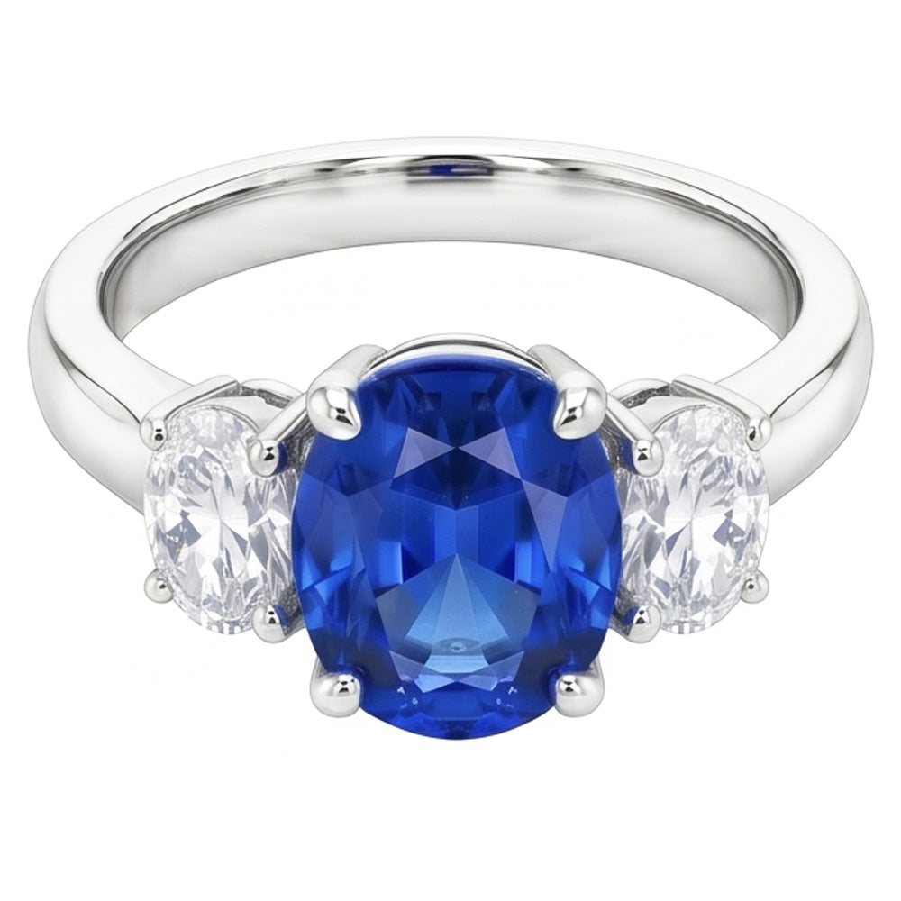 Sri Lankan Blue Sapphire & Natural Earth Mined Diamond ( Not Lab Grown )  Ring 3 Stone 2.60 Carat WG 14K