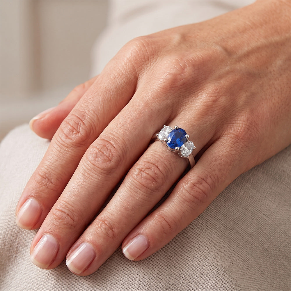 Sri Lankan Blue Sapphire & Natural Earth Mined Diamond ( Not Lab Grown )  Ring 3 Stone 2.60 Carat WG 14K