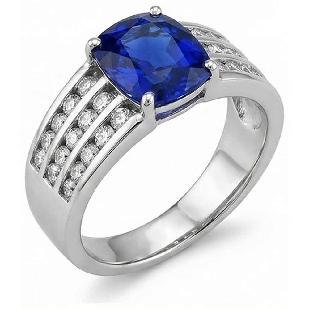 Sri Lankan Cushion Sapphire With Natural Earth Mined Diamond ( Not Lab Grown ) s Ring 3.50 Ct Gold White 14K