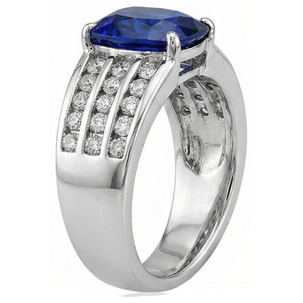 Sri Lankan Cushion Sapphire With Natural Earth Mined Diamond ( Not Lab Grown ) s Ring 3.50 Ct Gold White 14K