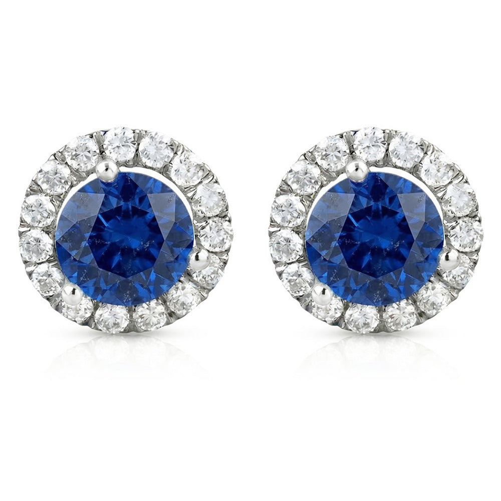 Sri Lankan Sapphire And Halo Natural Earth Mined Diamond ( Not Lab Grown )  6.40 Ct Round Cut Stud Earring