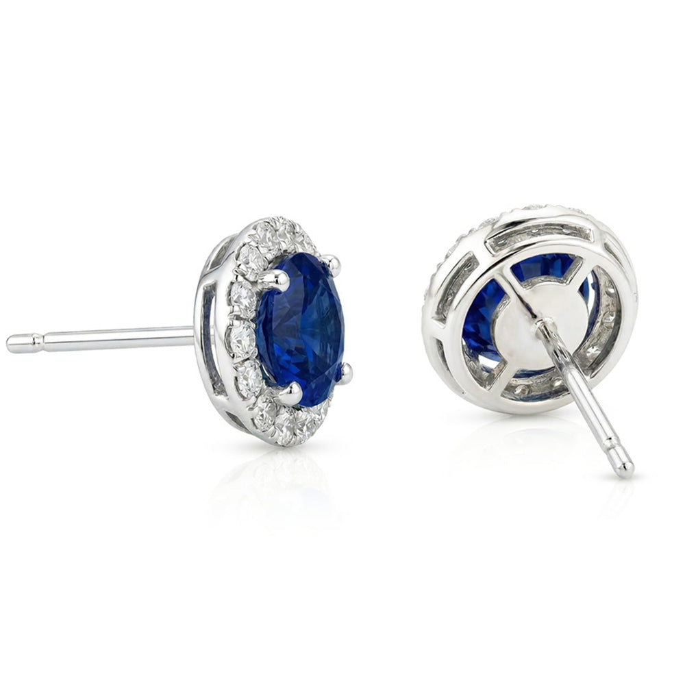 Sri Lankan Sapphire And Halo Natural Earth Mined Diamond ( Not Lab Grown )  6.40 Ct Round Cut Stud Earring