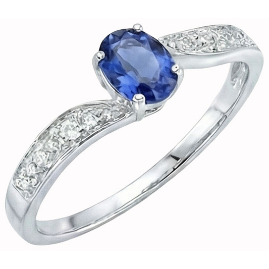 Sri Lankan Sapphire Oval Natural Earth Mined Diamond ( Not Lab Grown )  Promise Ring White Gold 14K