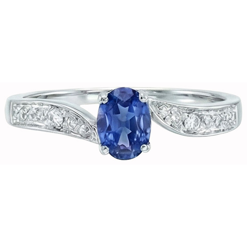 Sri Lankan Sapphire Oval Natural Earth Mined Diamond ( Not Lab Grown )  Promise Ring White Gold 14K