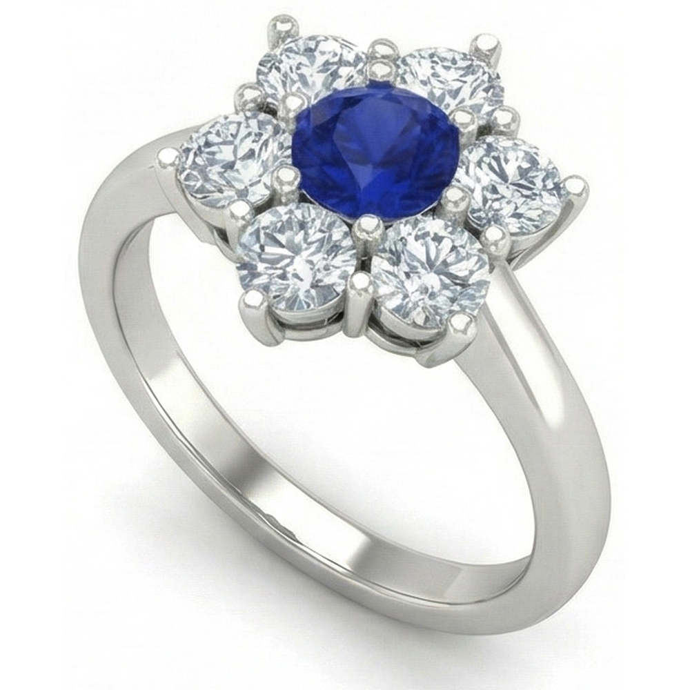 Sri Lankan Sapphire Round Natural Earth Mined Diamond ( Not Lab Grown )  Ring 4 Carats White Gold 14K