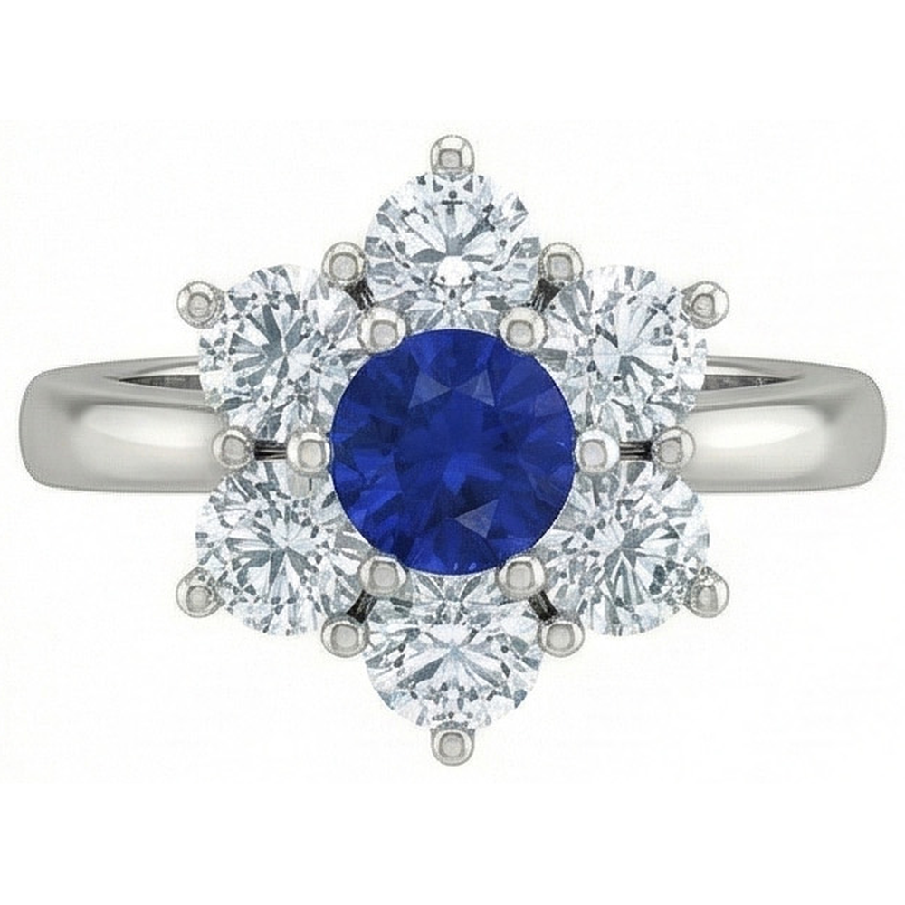 Sri Lankan Sapphire Round Natural Earth Mined Diamond ( Not Lab Grown )  Ring 4 Carats White Gold 14K