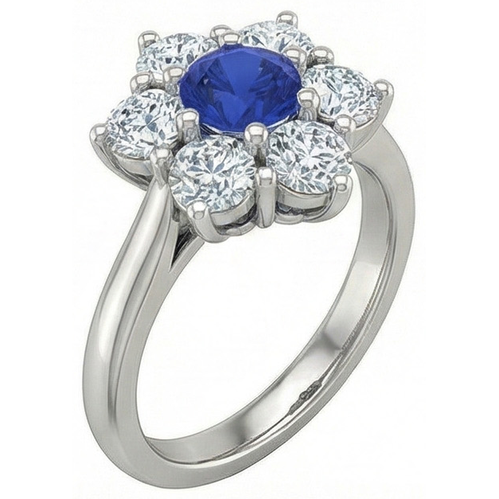 Sri Lankan Sapphire Round Natural Earth Mined Diamond ( Not Lab Grown )  Ring 4 Carats White Gold 14K