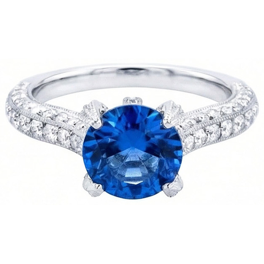 Sri Lankan Sapphire With Natural Earth Mined Diamond ( Not Lab Grown ) s Round Cut Ring 4.50 Ct