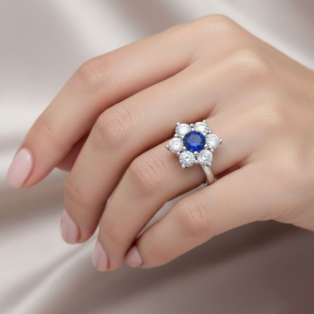 Sri Lankan Sapphire Round Natural Earth Mined Diamond ( Not Lab Grown )  Ring 4 Carats White Gold 14K