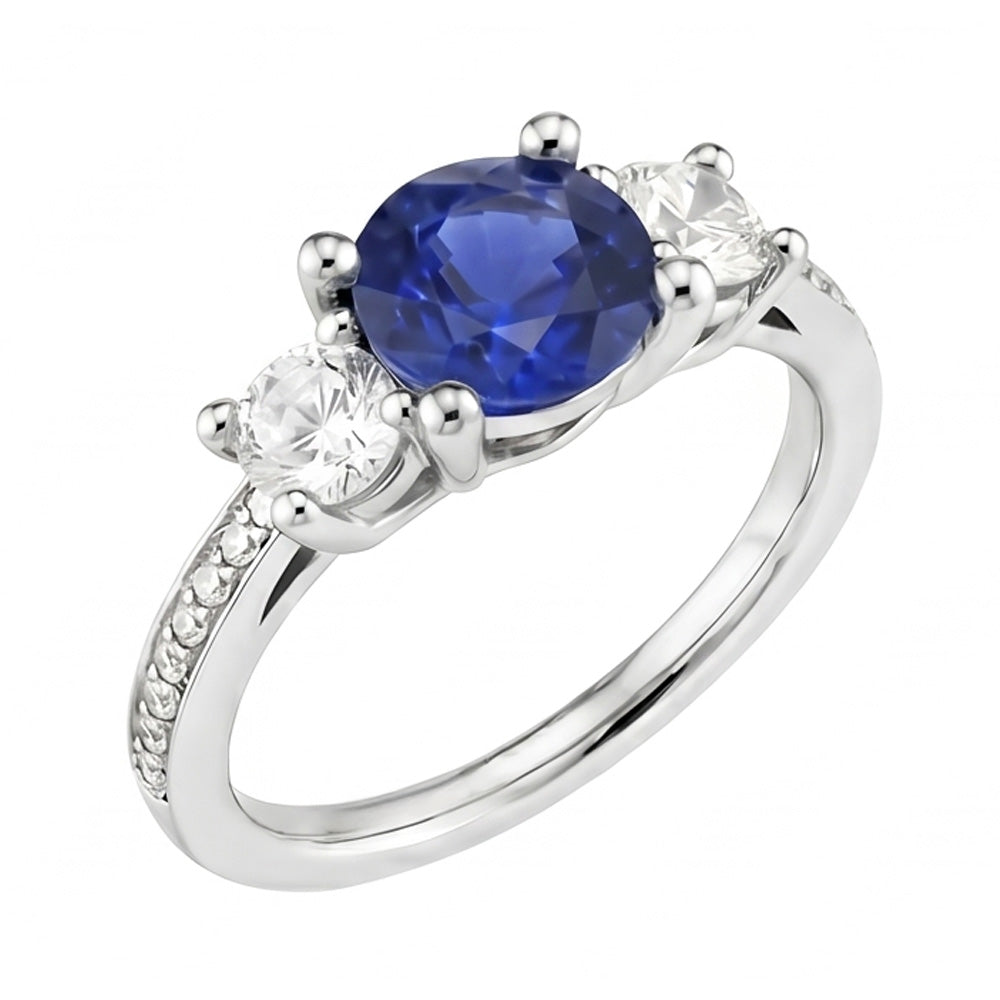 Srilanka Sapphire Natural Earth Mined Diamond ( Not Lab Grown ) Round Cut Ring 3.50 Carats White Gold 14K
