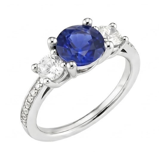 Srilanka Sapphire Natural Earth Mined Diamond ( Not Lab Grown ) Round Cut Ring 3.50 Carats White Gold 14K