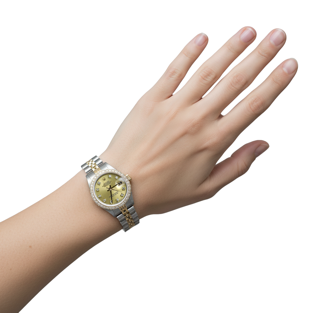 Ss & Gold Bracelet Rolex Datejust Watch Champagne Diamond Bezel P2