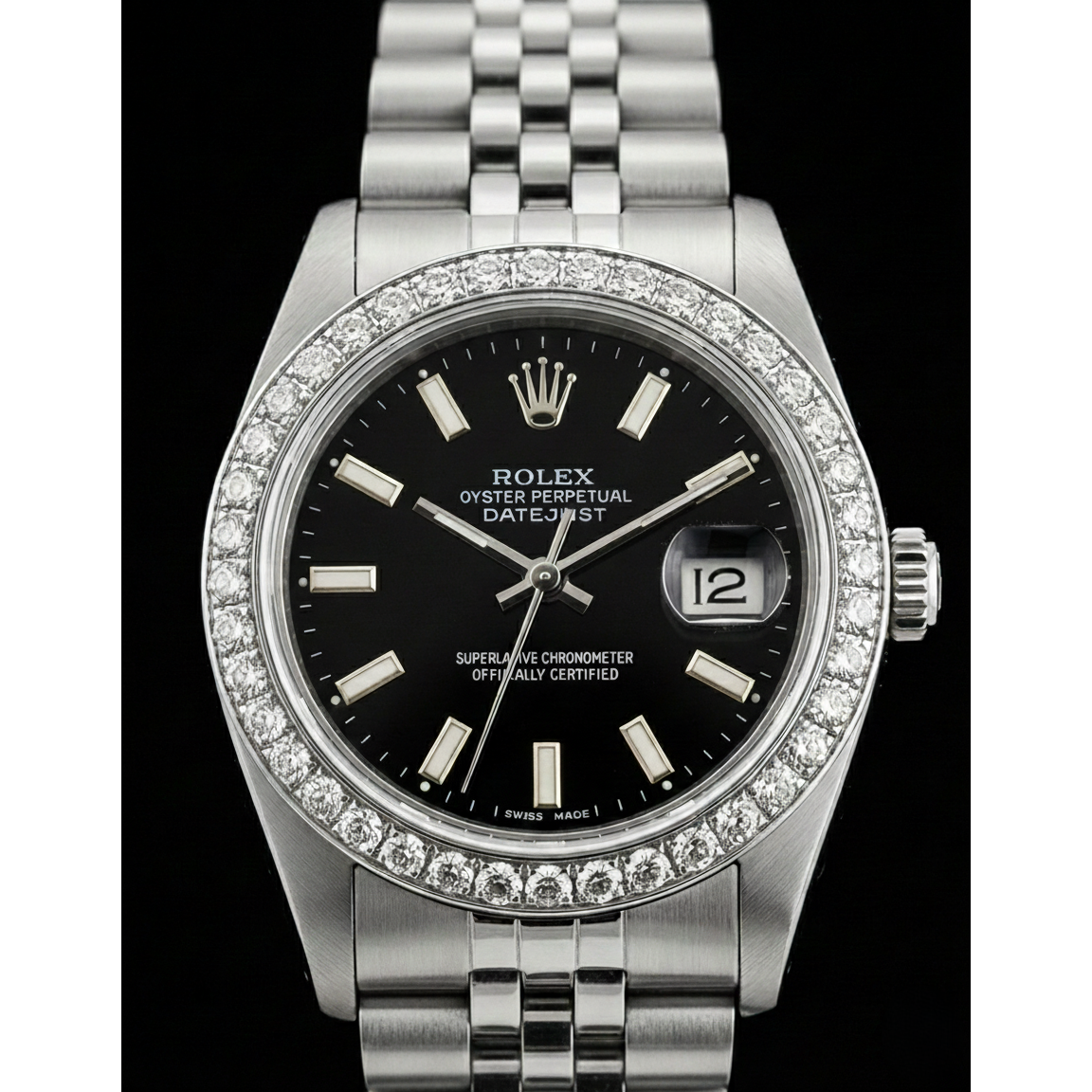 Ss Jubilee Bracelet Black Stick Dial Diamond Bezel Rolex Watch