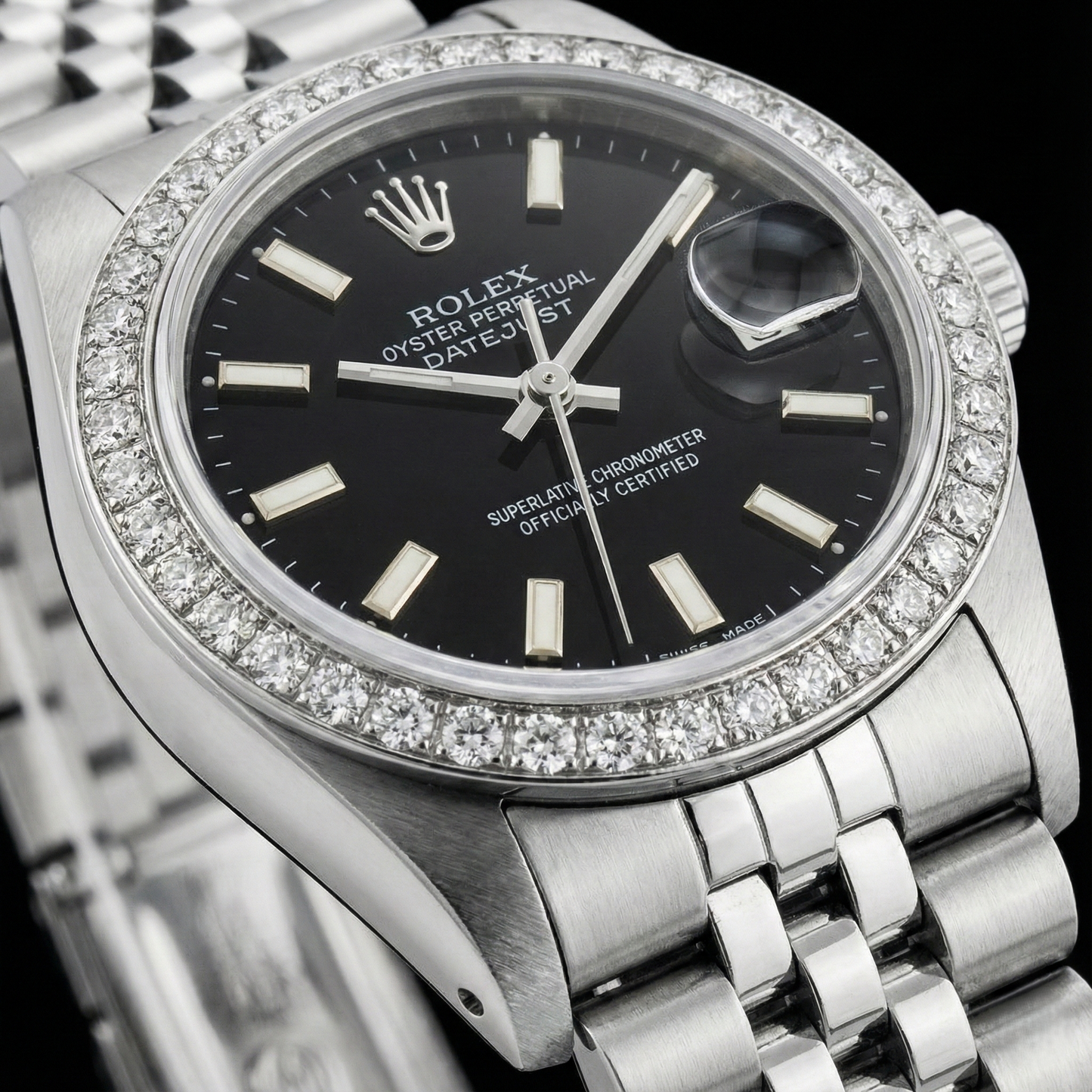Ss Jubilee Bracelet Black Stick Dial Diamond Bezel Rolex Watch