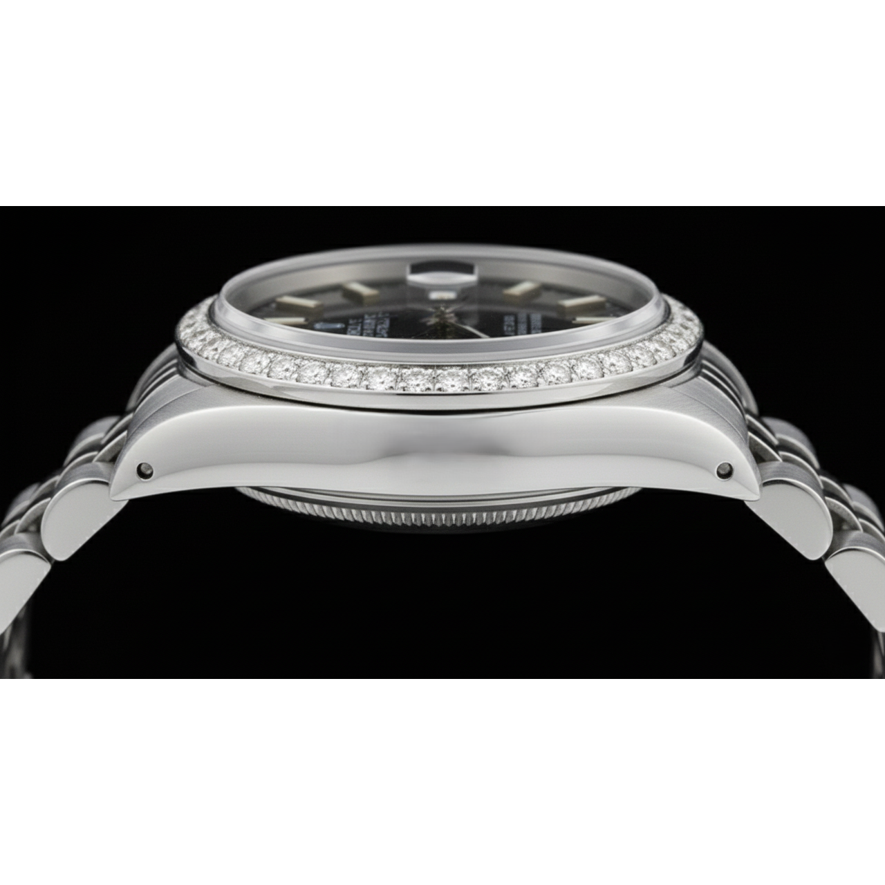 Ss Jubilee Bracelet Black Stick Dial Diamond Bezel Rolex Watch