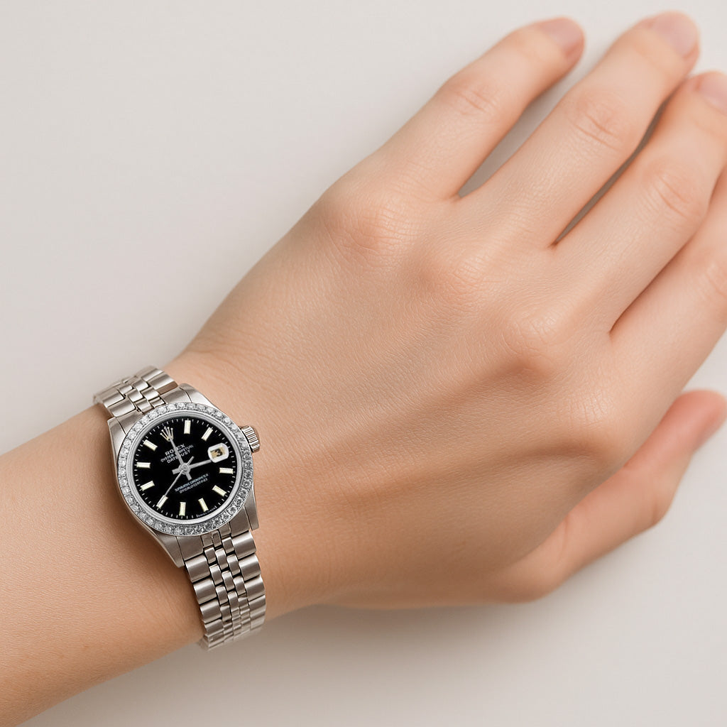 Ss Jubilee Bracelet Black Stick Dial Diamond Bezel Rolex Watch