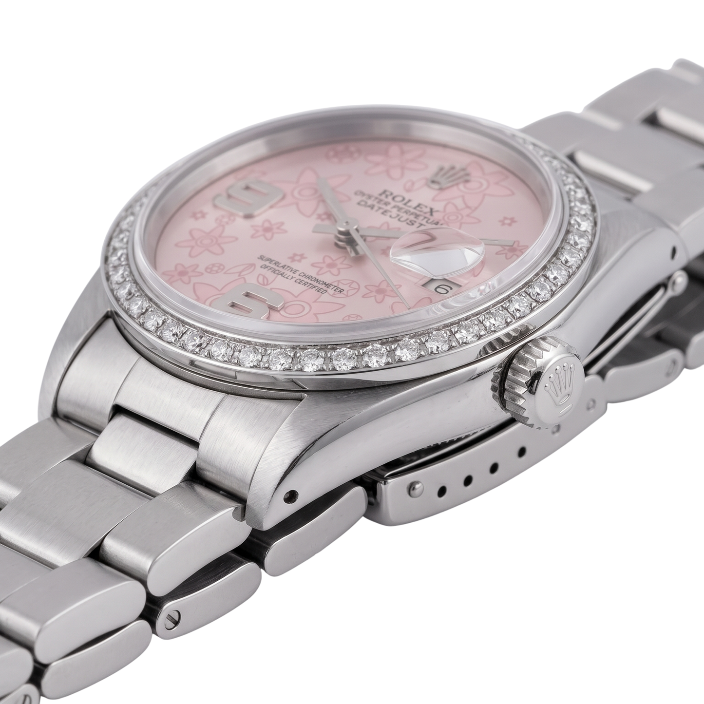 Stainless Steel Rolex Datejust Mens Watch Pink Dial Diamond Bezel-QUICK SET