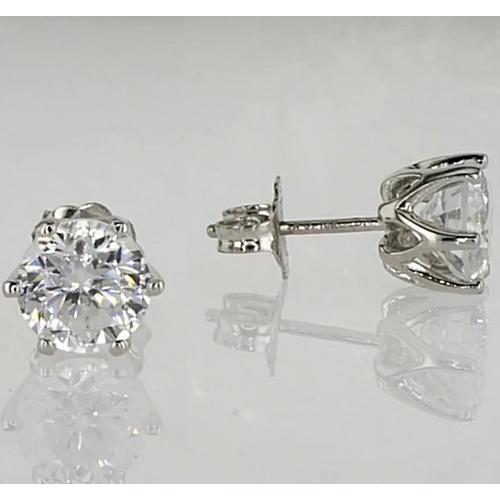 Stud Earrings 1.50 Carats Six Prong Round Real Diamond White Gold 14K