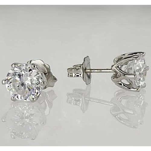 Stud Earrings 1.50 Carats Six Prong Round Real Diamond White Gold 14K