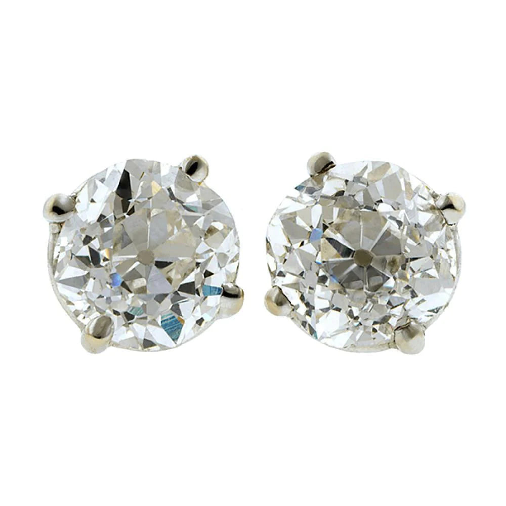 Stud Lady Earring 3 Carats Old Miner Real Diamond White Gold 14K