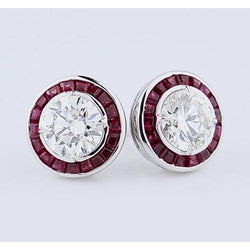 Stud Real Diamond Earrings 4 Carats Burma Ruby White Gold 14K