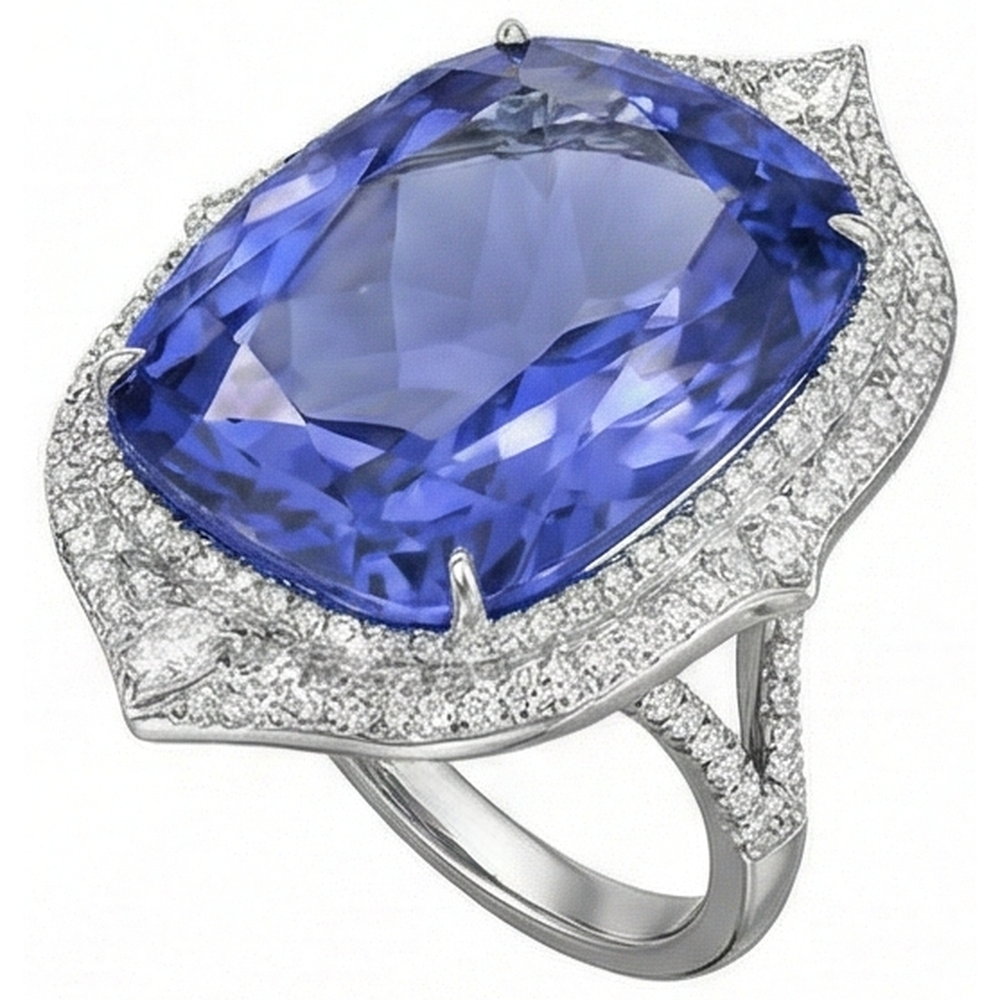 natural round tanzanite 23.75ct ring close up detail