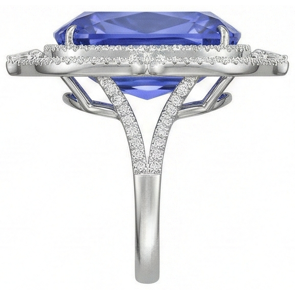 natural round tanzanite 23.75ct ring on white background