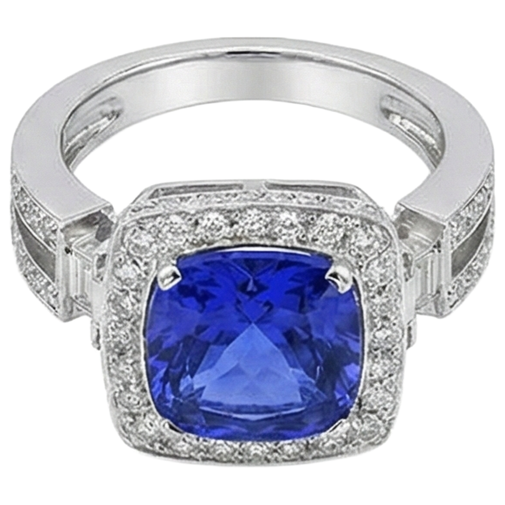 natural round tanzanite 5.40ct ring close up detail