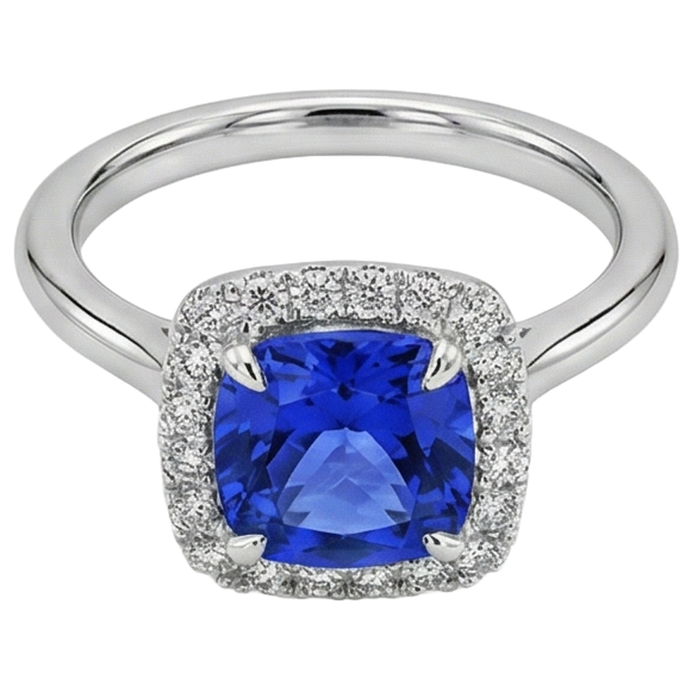 natural round tanzanite 7.75ct ring close up detail