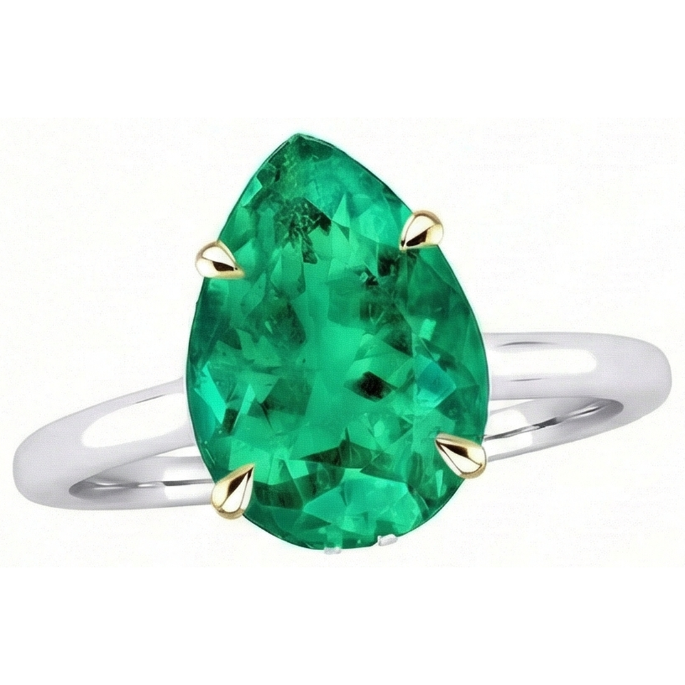 Pear Shape Fine Emerald ring in 14 Karat Two Tone Gold – side view