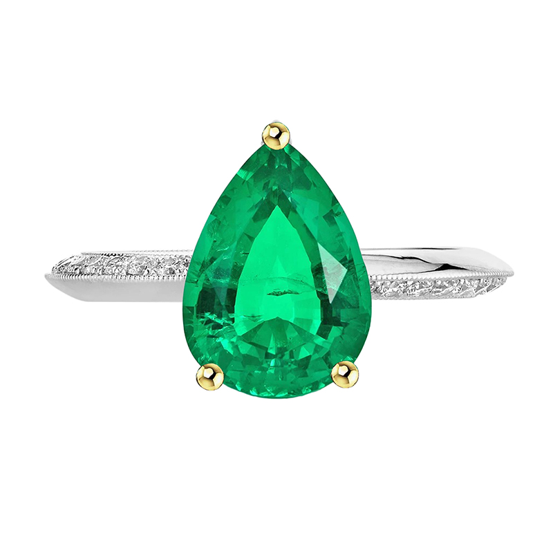 Colombian Emerald Pear Shape Precious Stone Ring in 14 Karat Two Tone Gold – main view